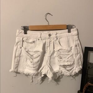 White Distressed Jean Shorts with Frayed Hem